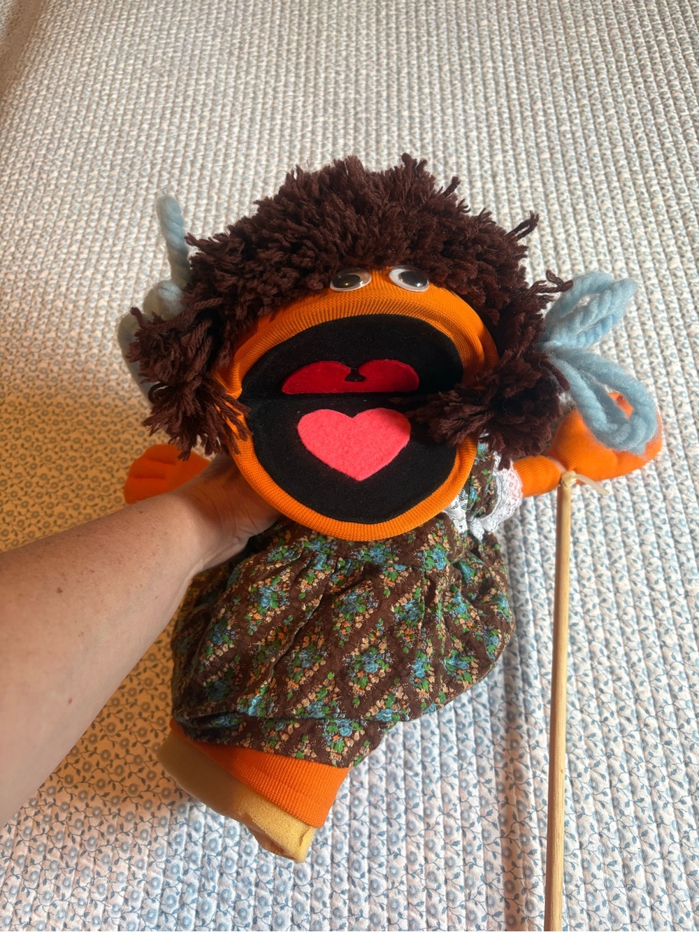 Vintage Muppet-style Puppet with Brown Hair and Floral Dress